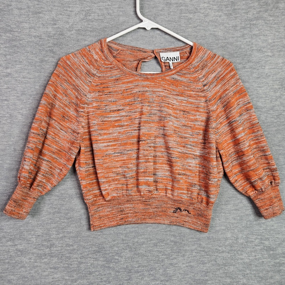 Ganni Merino Mouline Women's Cropped 100% Wool Knit Elbow Sleeve Top Size L